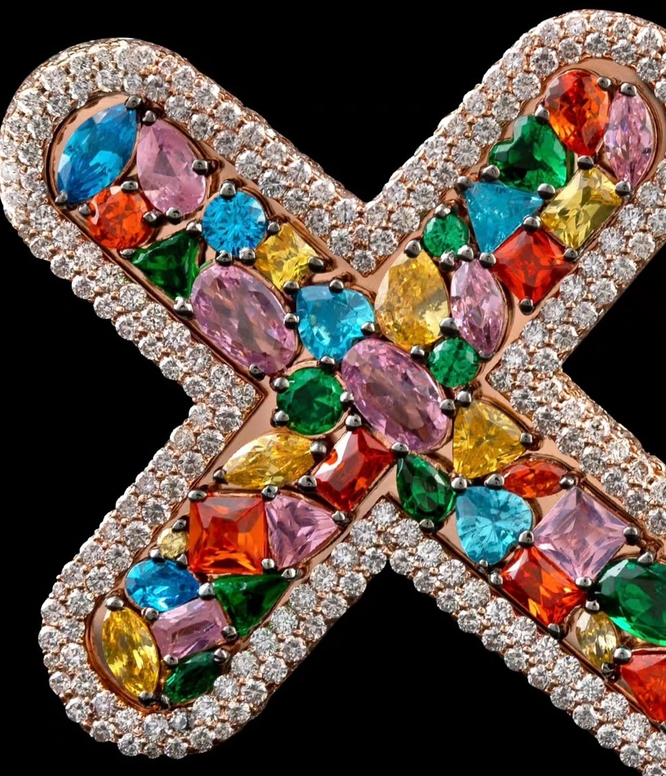 Rainbow Stone Cross Pendant with Diamond Halo