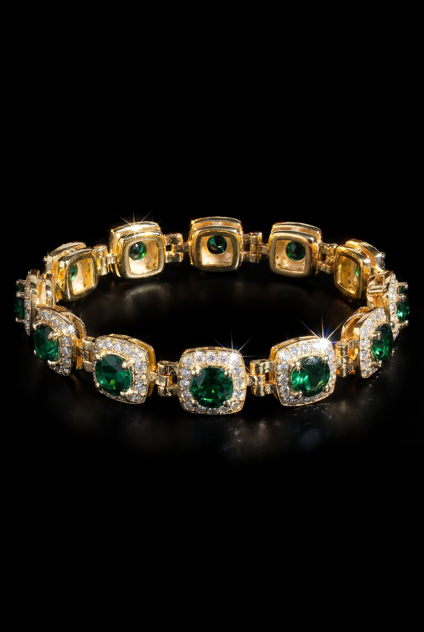 10K Gold Emerald-Cut Gemstone Tennis Bracelet with Diamond Halo – Luxury Custom Design