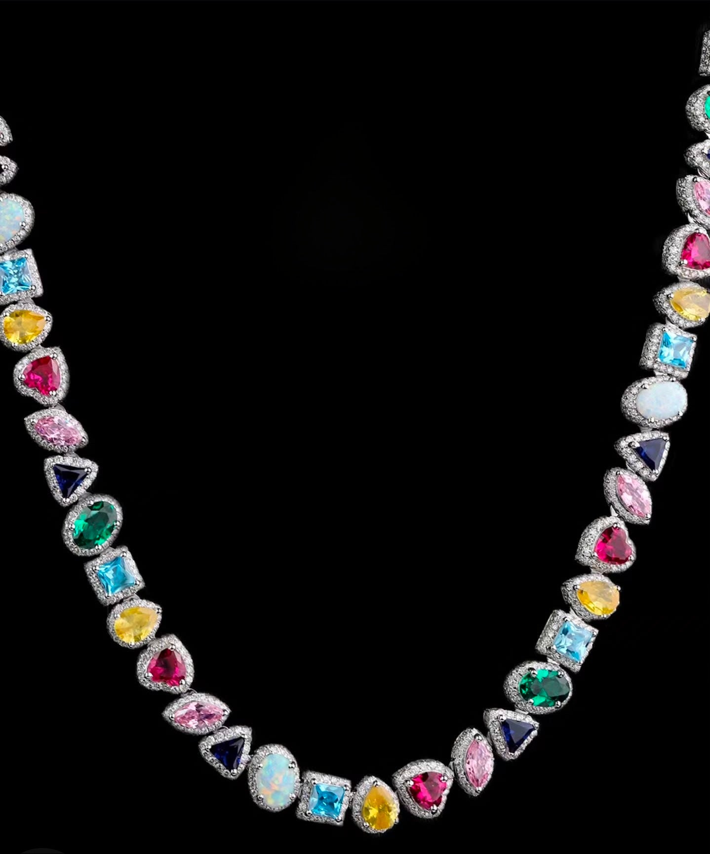 Luxury Multicolor Gemstone Diamond Necklace Opal, Sapphire, Emerald & Ruby Halo Chain
