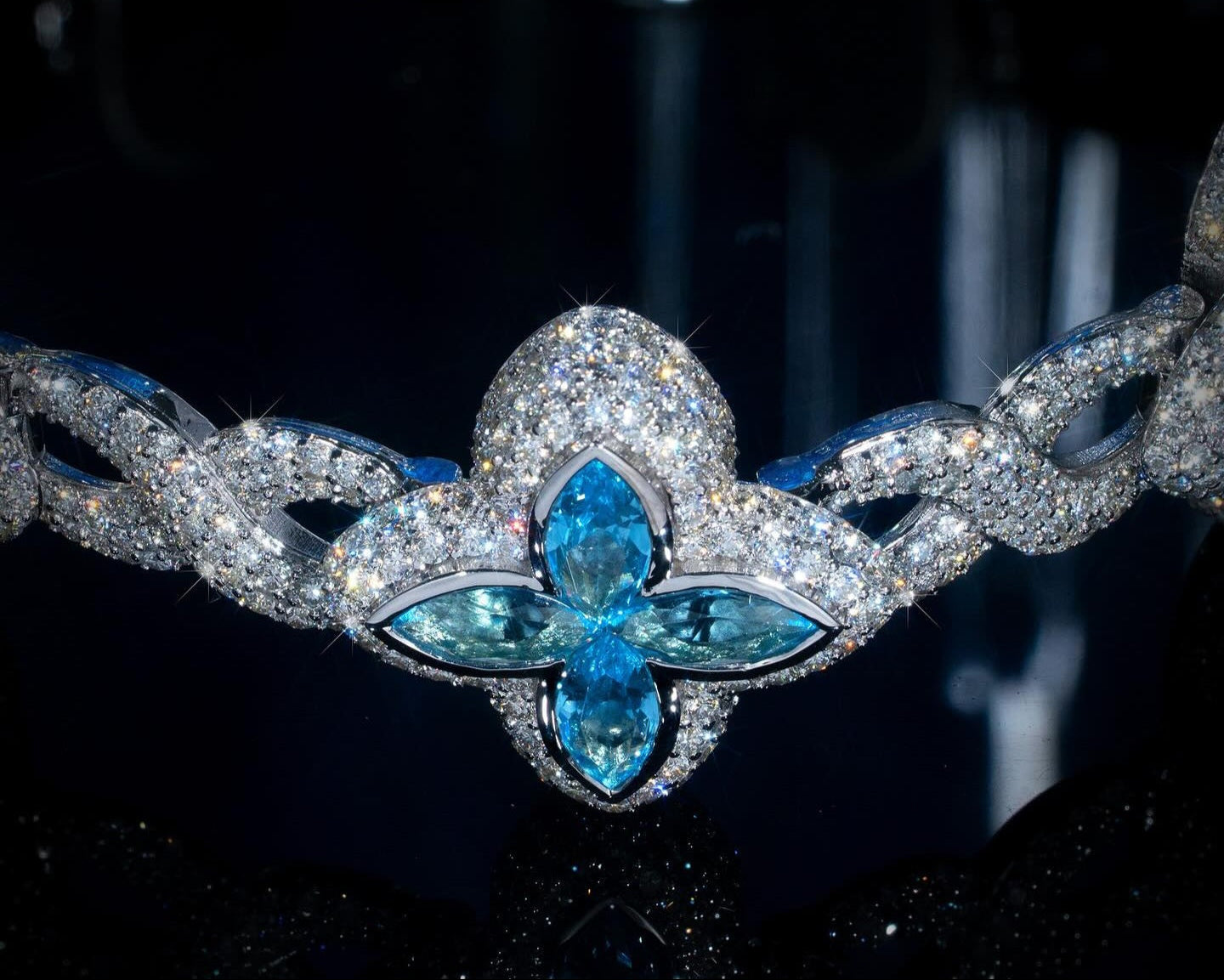 White Gold Clover Bracelet with Blue Marquise Gemstones and Pavé Diamonds