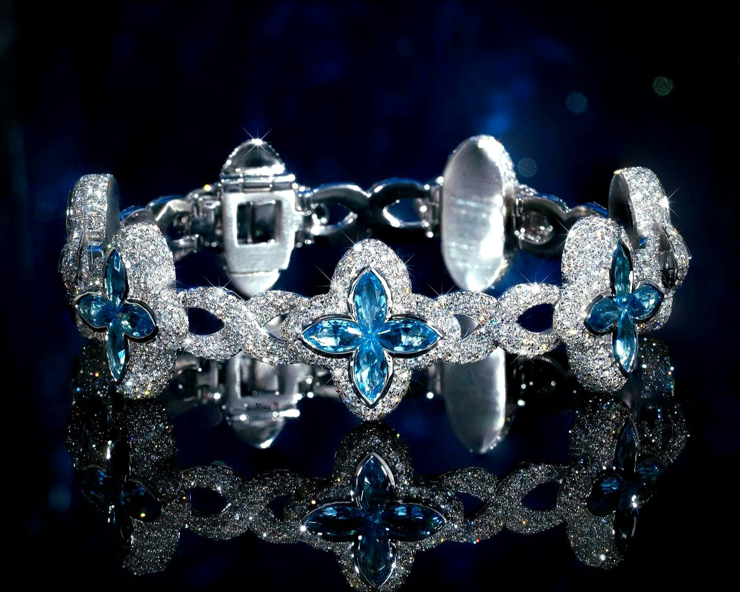 White Gold Clover Bracelet with Blue Marquise Gemstones and Pavé Diamonds