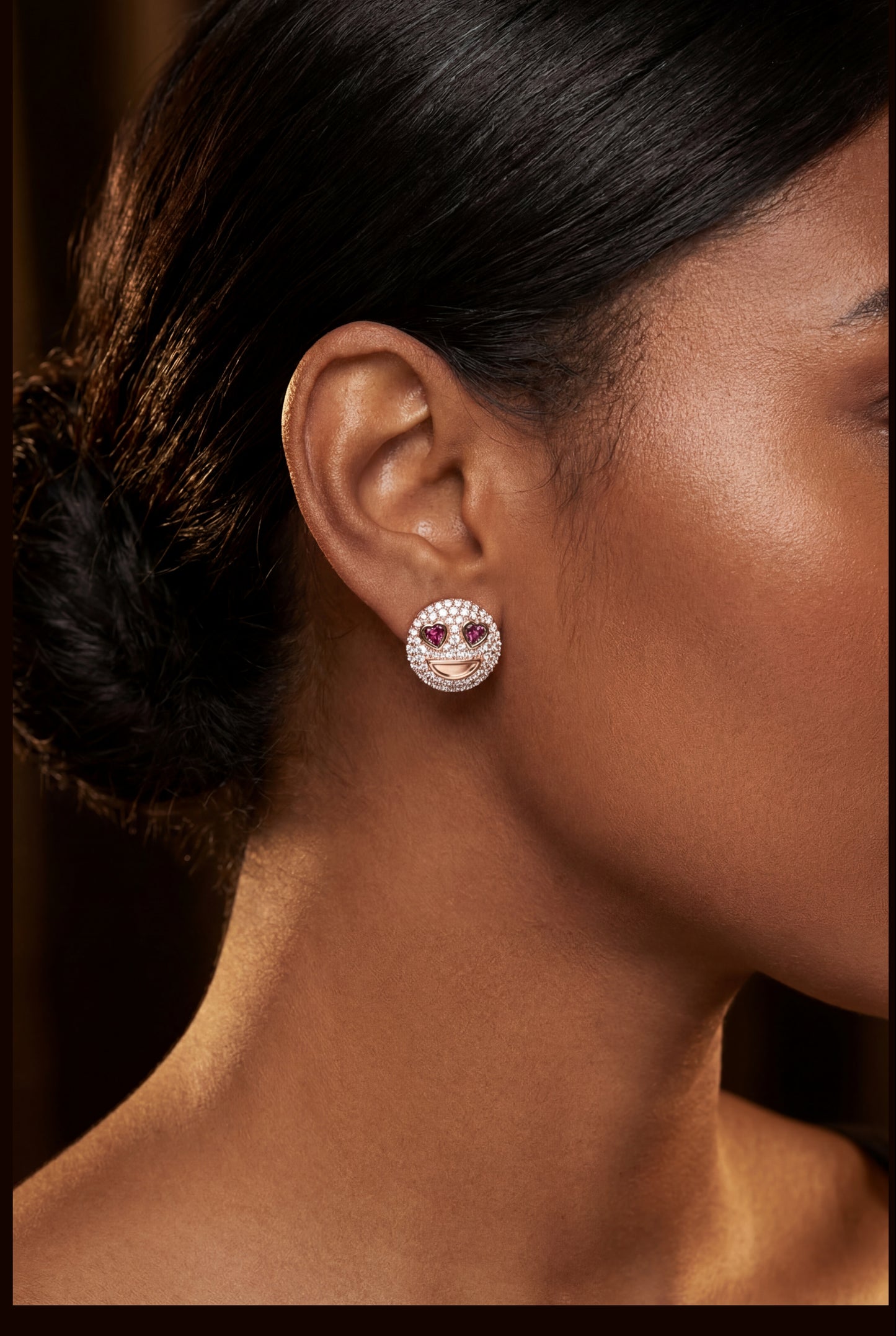 Heart Eyes Emoji Stud Earrings in Rose Gold Natural Diamond & Ruby Accents