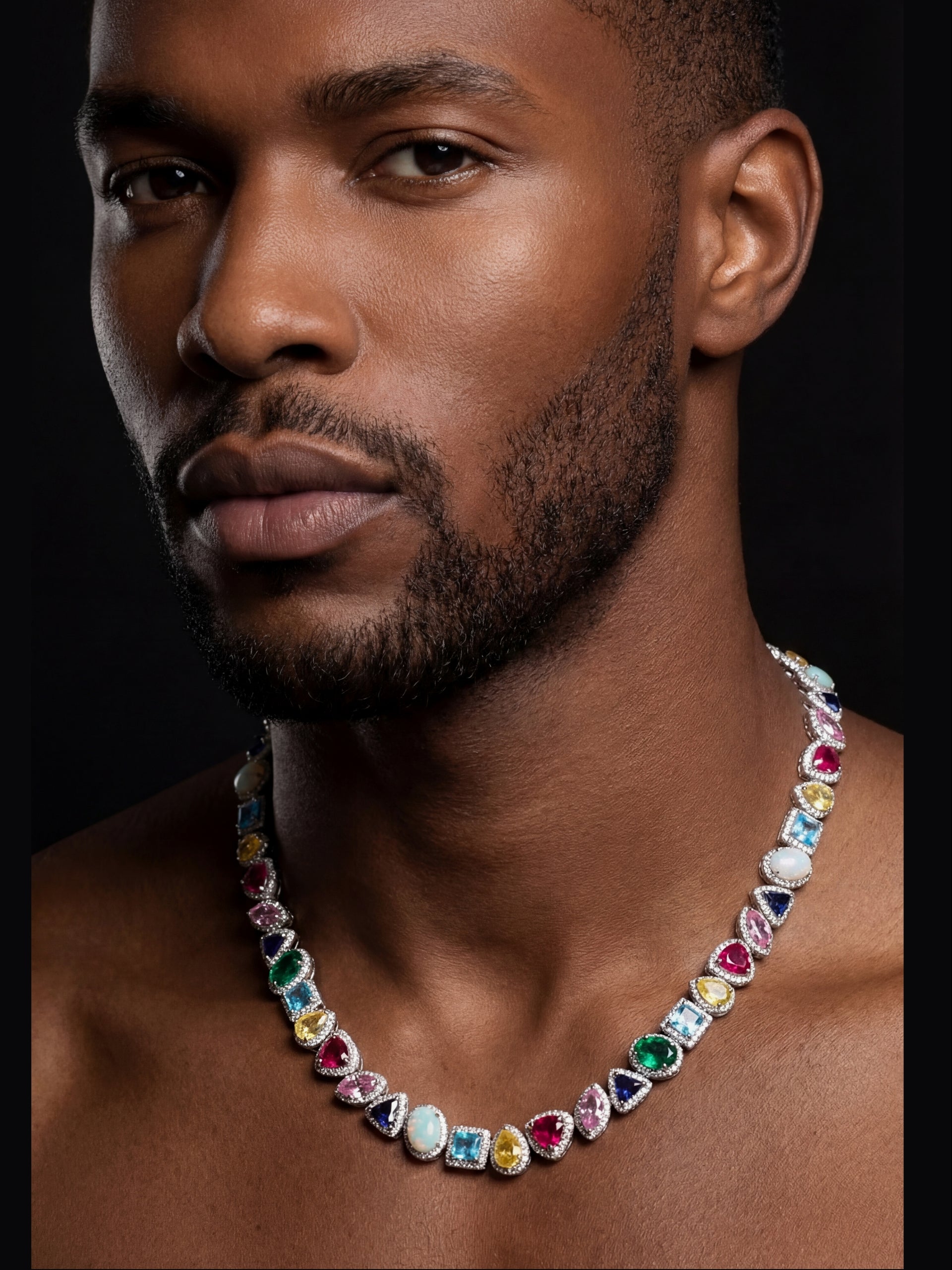 Luxury Multicolor Gemstone Diamond Necklace Opal, Sapphire, Emerald & Ruby Halo Chain