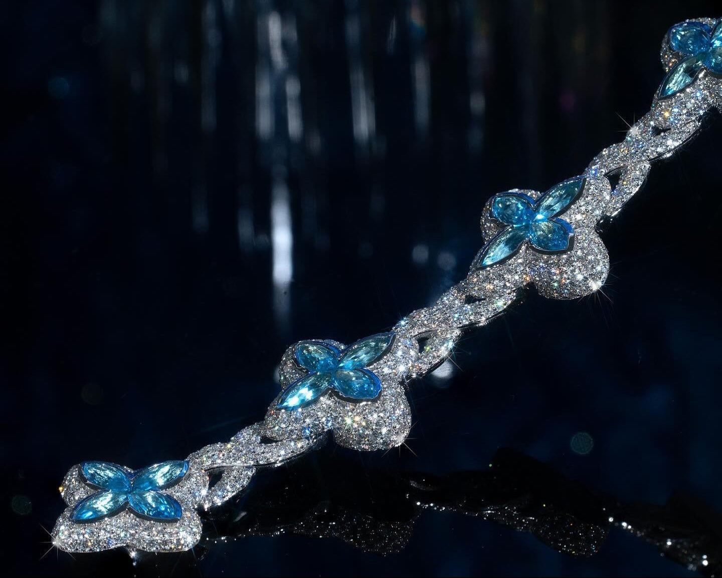 White Gold Clover Bracelet with Blue Marquise Gemstones and Pavé Diamonds